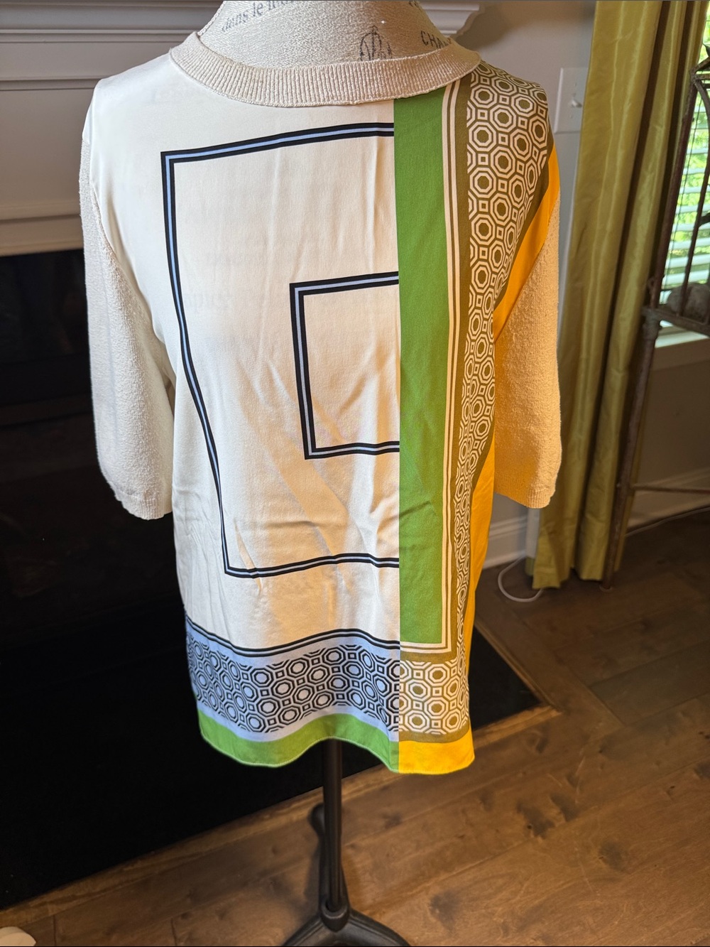 Tory Burch Geometric Print Short Sleeve Top in Cream, Green & Yellow Large